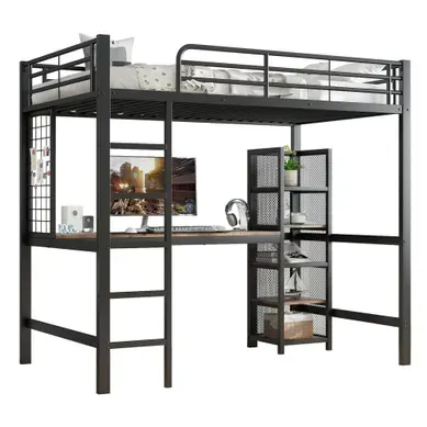Lit Mezzanine 90×200 Cm Avec Bureau, Rangements, échelle Et Grille Métallique, Noir Et Noyer Foncé Lit Mezzanine 90×200 Cm Avec Bureau, Rangements, échelle Et Grille Métallique, Noir Et Noyer Foncé