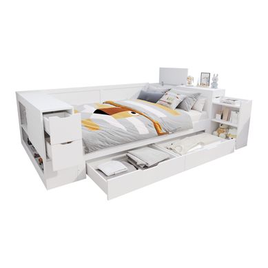 Lit Banquette 140×200 Cm Avec Rangement, Tiroir Et Chevet, En Mdf Blanc