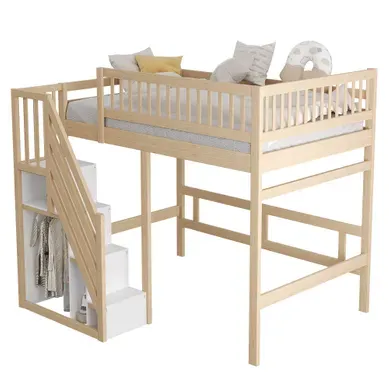 Lit Mezzanine 140×200 Cm Avec Escalier De Rangement Et Garde-corps Haut, Bois Naturel
