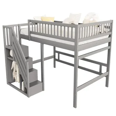 Lit Mezzanine 140×200 Cm Avec Escalier De Rangement Et Garde-corps Haut, Bois Gris
