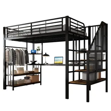 Lit Mezzanine 120×200 Cm Avec Prise De Charge, Portant Et Tablette, Noir Et Noyer Foncé