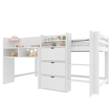 Lit Mezzanine 90 X 200 Cm Avec Rangements, 3 Tiroirs Et étagères, En Bois Blanc