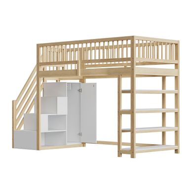 Lit Mezzanine 90×200 Cm Avec Armoire, étagères Et Rangement, En Bois Naturel Lit Mezzanine 90×200 Cm Avec Armoire, étagères Et Rangement, En Bois Naturel