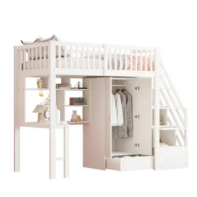 Lit Mezzanine 90×200 Cm Avec Armoire, Bureau Et Rangement, En Bois Massif Blanc Lit Mezzanine 90×200 Cm Avec Armoire, Bureau Et Rangement, En Bois Massif Blanc