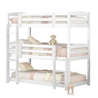 Lit Superposé Triple 90×200 Cm Avec 2 échelles Et Barrières De Sécurité, En Bois Blanc