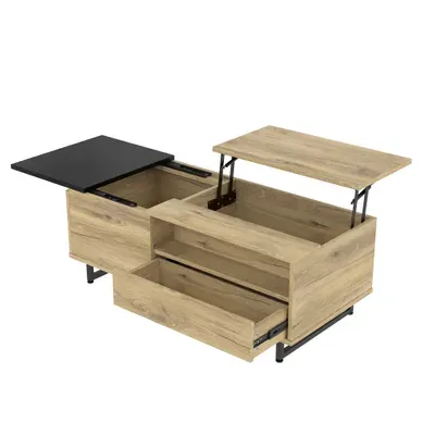 Table Basse Relevable Avec LED, 1 Tiroir, Niches Et Rangement Caché, Métal, Naturel Table Basse Relevable Avec LED, 1 Tiroir, Niches Et Rangement Caché, Métal, Naturel