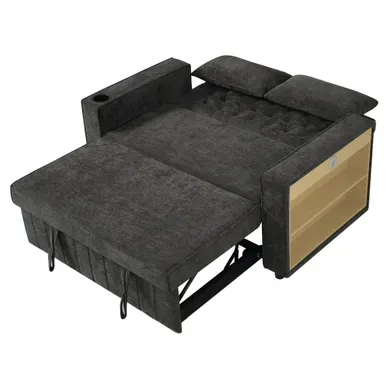 Canapé Convertible 2 Places En Chenille, Avec Fonction Lit, USB Et 2 Coussins, Gris Canapé Convertible 2 Places En Chenille, Avec Fonction Lit, USB Et 2 Coussins, Gris