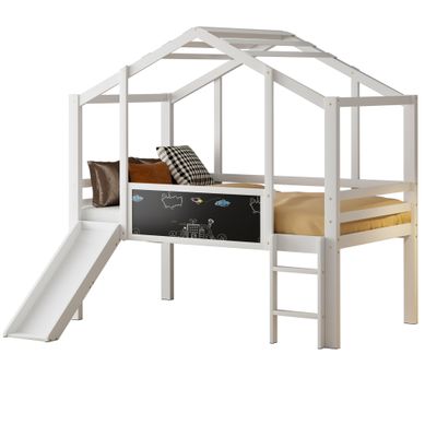 Lit Mezzanine 90 X 200 Cm Avec Toboggan, Tableau Noir Et échelle, Bois Blanc