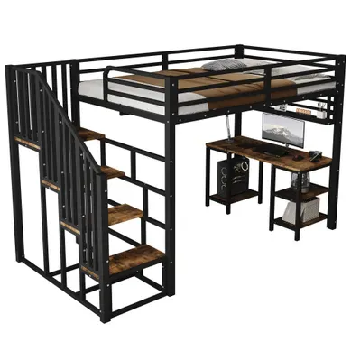 Lit Mezzanine 120×200 Cm Avec Bureau, étagère De Rangement Et Escalier Avec Rampes, Noir Et Noyer