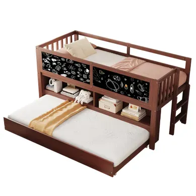 Lit Mezzanine 90 X 200 Cm Avec Lit Gigogne, Tableau Et Rangement, Bois Marron Lit Mezzanine 90 X 200 Cm Avec Lit Gigogne, Tableau Et Rangement, Bois Marron