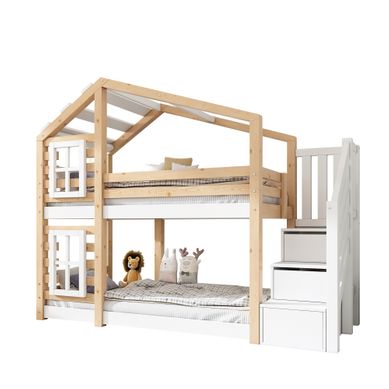 Lit Superposé 90×200 Cm Avec Rangement, Protection Et Maison Arbre, Naturel Et Blanc Lit Superposé 90×200 Cm Avec Rangement, Protection Et Maison Arbre, Naturel Et Blanc