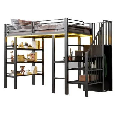 Lit Mezzanine 90×200 Cm Avec Bureau, étagères, LED Et Prise, En Métal Noir Lit Mezzanine 90×200 Cm Avec Bureau, étagères, LED Et Prise, En Métal Noir