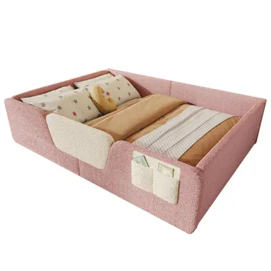 Lit Enfant 140 X 190 Cm Avec Barrières Amovibles Et Poche De Rangement, En Velours Rose Lit Enfant 140 X 190 Cm Avec Barrières Amovibles Et Poche De Rangement, En Velours Rose