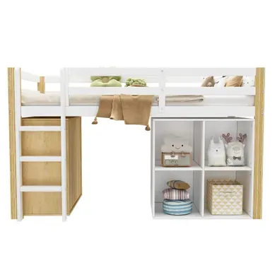 Lit Mezzanine 90×200 Cm Avec 2 Armoires De Rangement Et échelle, En Bois Naturel Et Blanc