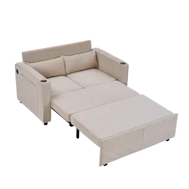 Canapé Convertible 2 Places En Tissu, Avec Ports USB Et Système Coulissant, Beige Canapé Convertible 2 Places En Tissu, Avec Ports USB Et Système Coulissant, Beige