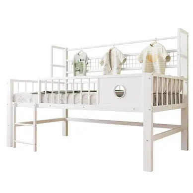 Lit Mezzanine 90 × 200 Cm Avec Rangement, Penderie Et étagère En Maille, Métal Blanc