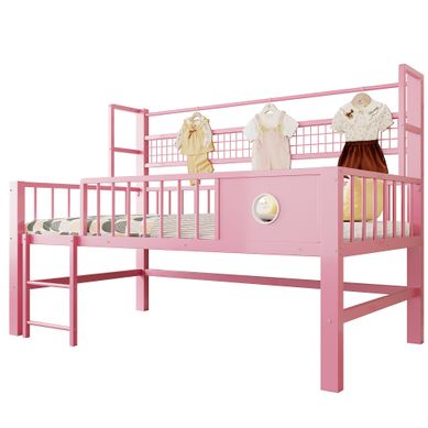 Lit Mezzanine 90 × 200 Cm Avec Barrières, Rangement, Penderie Et étagère Filet, Métal Rose