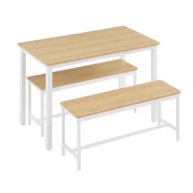 Ensemble Table Et Chaises Avec 1 Table Et 2 Bancs, Acier Et Panneau De Particules, Naturel Et Blanc Ensemble Table Et Chaises Avec 1 Table Et 2 Bancs, Acier Et Panneau De Particules, Naturel Et Blanc
