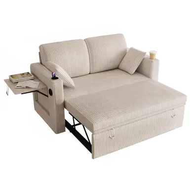 Fauteuil Convertible En Corduroy, Avec USB, Porte-gobelets Et Table Pliante, Blanc Fauteuil Convertible En Corduroy, Avec USB, Porte-gobelets Et Table Pliante, Blanc