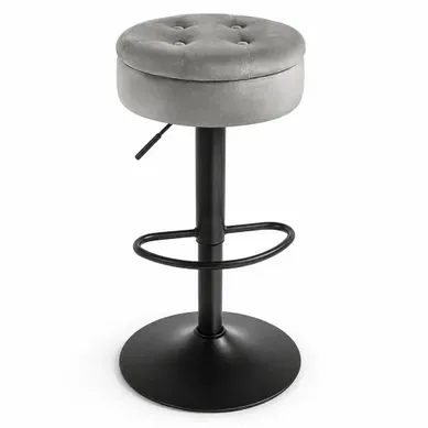 Tabouret De Bar En Velours, Avec Rangement, Hauteur Réglable Et Pivotant 360°, Gris