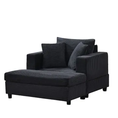 Méridienne En Velours Côtelé, Avec Rangement, Repose-pied Et 3 Coussins, Noire