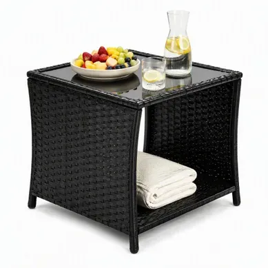 Table Basse De Jardin Avec Niche De Rangement, Verre Trempé Et Métal, Noir, 45 X 45 X 40 Cm Table Basse De Jardin Avec Niche De Rangement, Verre Trempé Et Métal, Noir, 45 X 45 X 40 Cm