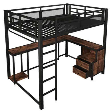 Lit Mezzanine 140×200 Cm Avec LED, Ports USB, Bureau Et étagères, En Métal