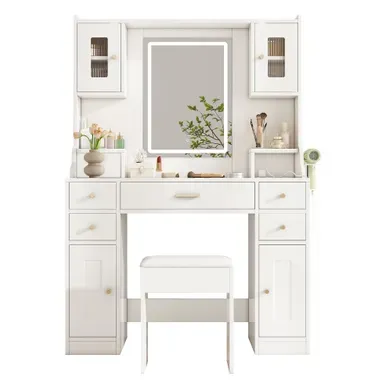 Coiffeuse Avec Miroir LED, Prises Intégrées, 6 Tiroirs Et 4 Portes, Blanche 105 X 152 X 40 Cm Coiffeuse Avec Miroir LED, Prises Intégrées, 6 Tiroirs Et 4 Portes, Blanche 105 X 152 X 40 Cm