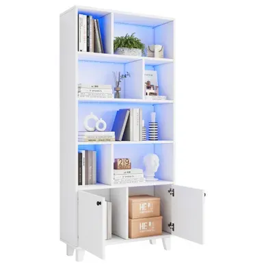 Bibliothèque 80 X 30 X 173 Cm Blanc Avec éclairage LED Et Portes