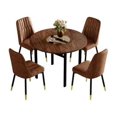 Ensemble Table À Manger Ronde 100 Cm Avec 4 Chaises, Marron Et Noir Ensemble Table À Manger Ronde 100 Cm Avec 4 Chaises, Marron Et Noir