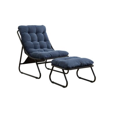 Chaise Lounge D'extérieur Avec Pouf, Coussin Bleu Marine, Structure Noire Chaise Lounge D'extérieur Avec Pouf, Coussin Bleu Marine, Structure Noire