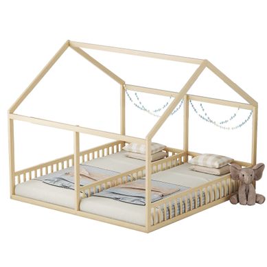 Lit Cabane Enfant 2 Couchages 90 × 200 Cm Et 90 × 200 Cm Avec Barrières Centrales, Bois Naturel Lit Cabane Enfant 2 Couchages 90 × 200 Cm Et 90 × 200 Cm Avec Barrières Centrales, Bois Naturel