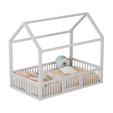 Lit Cabane Enfant 90 × 200 Cm Avec Barrière De Sécurité Et Portillon, Bois Blanc