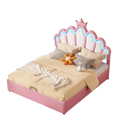 Lit Coffre 140 × 200 Cm Avec LED Réglable Et Tête De Lit Couronne, Simili Rose