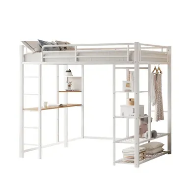 Lit Mezzanine 90 × 200 Cm Avec échelle, Bureau, Penderie Et étagères, Blanc