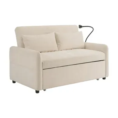 Canapé Convertible 2 Places Avec Dossier Réglable, USB, Support Téléphone Et Poches, Chenille, Beige Canapé Convertible 2 Places Avec Dossier Réglable, USB, Support Téléphone Et Poches, Chenille, Beige