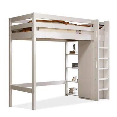 Lit Mezzanine 90 × 200 Cm Avec Armoire, 6 étagères Et Rangement Réversible, Bois Blanc Lit Mezzanine 90 × 200 Cm Avec Armoire, 6 étagères Et Rangement Réversible, Bois Blanc