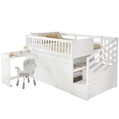 Lit Superposé 90 X 200 Cm Avec Bureau Coulissant, Rangements Et Armoires, Bois Blanc