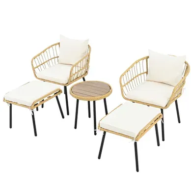 Ensemble Table Et Chaise De Jardin En Rotin Avec Table, 2 Chaises Et 2 Tabourets - Blanc Et Naturel Ensemble Table Et Chaise De Jardin En Rotin Avec Table, 2 Chaises Et 2 Tabourets - Blanc Et Naturel