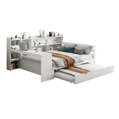 Lit Gigogne 140 × 200 Cm Avec Bureau, Rangements, Bibliothèques Et Ports USB, Bois Blanc Lit Gigogne 140 × 200 Cm Avec Bureau, Rangements, Bibliothèques Et Ports USB, Bois Blanc