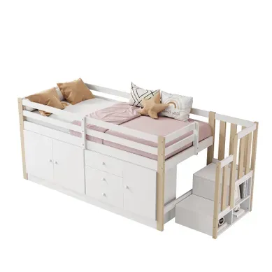 Lit Mi-haut 90 × 200 Cm Avec Escalier, 2 Placards, Tiroirs Et Penderie, Bois Blanc