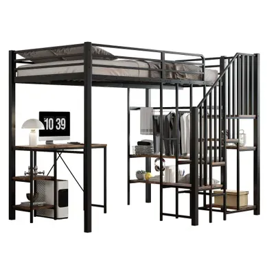 Lit Mezzanine 120 × 200 Cm Avec Bureau, étagères, Penderie Ouverte Et échelle D'angle Noir