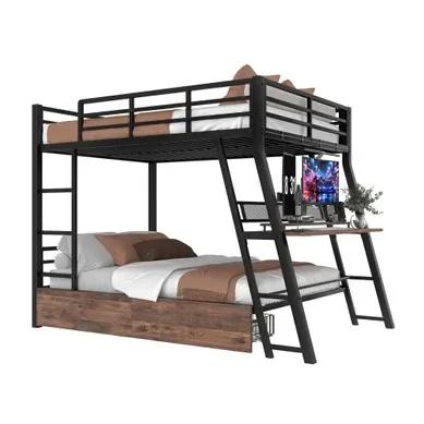 Lit Mezzanine 140×200 Cm Avec LED, 2 Tiroirs, Bureau, échelle Et Barrières, Noir