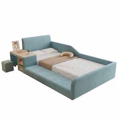 Lit Enfant 90 × 200 Cm Avec Bureau, Tabouret Et étagères Latérales, Velours Bleu