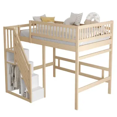 Lit Mezzanine 140 × 200 Cm Avec Escalier De Rangement Et Garde-corps Haut, Bois Naturel