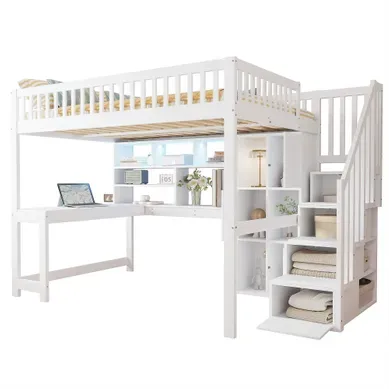 Lit Mezzanine 140 × 200 Cm Avec LED, échelle De Rangement, étagères Et Bureau, Bois Blanc