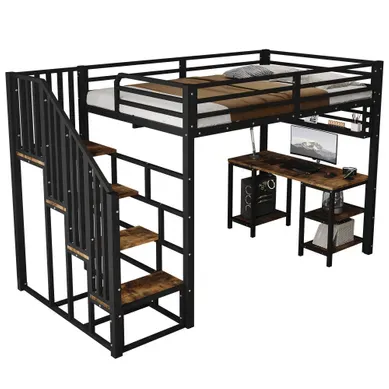 Lit Mezzanine 120 × 200 Cm Avec Bureau, Escalier Avec Main Courante Et étagère, Noir Et Noyer Foncé