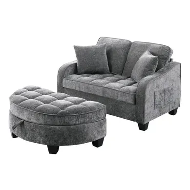 Canapé Convertible 2 Places En Tissu Avec Fonction Lit Et Pouf De Rangement - Gris Canapé Convertible 2 Places En Tissu Avec Fonction Lit Et Pouf De Rangement - Gris