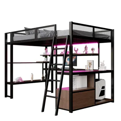 Lit Mezzanine 140×200 Cm Avec Bureau, LED, Ports De Charge Et Rangements, Noir