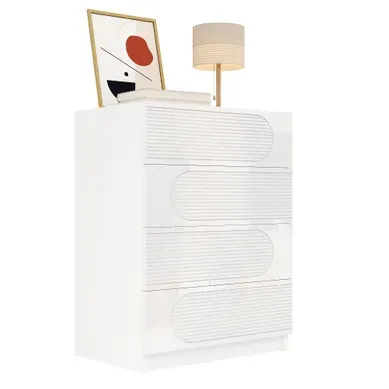 Commode - 4 Tiroirs À Extraction Totale - Façades Brillantes - Blanc - 60 X 38,5 X 85 Cm Commode - 4 Tiroirs À Extraction Totale - Façades Brillantes - Blanc - 60 X 38,5 X 85 Cm